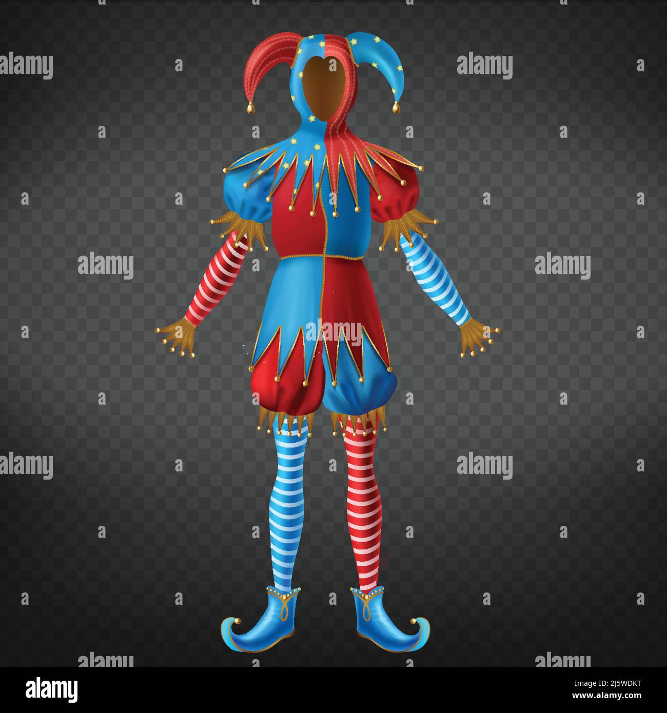 Jester red and blue costume with bells on horned hat, striped leggings and twisted toe shoes 3d realistic vector isolated on transparent background. M Stock Vector