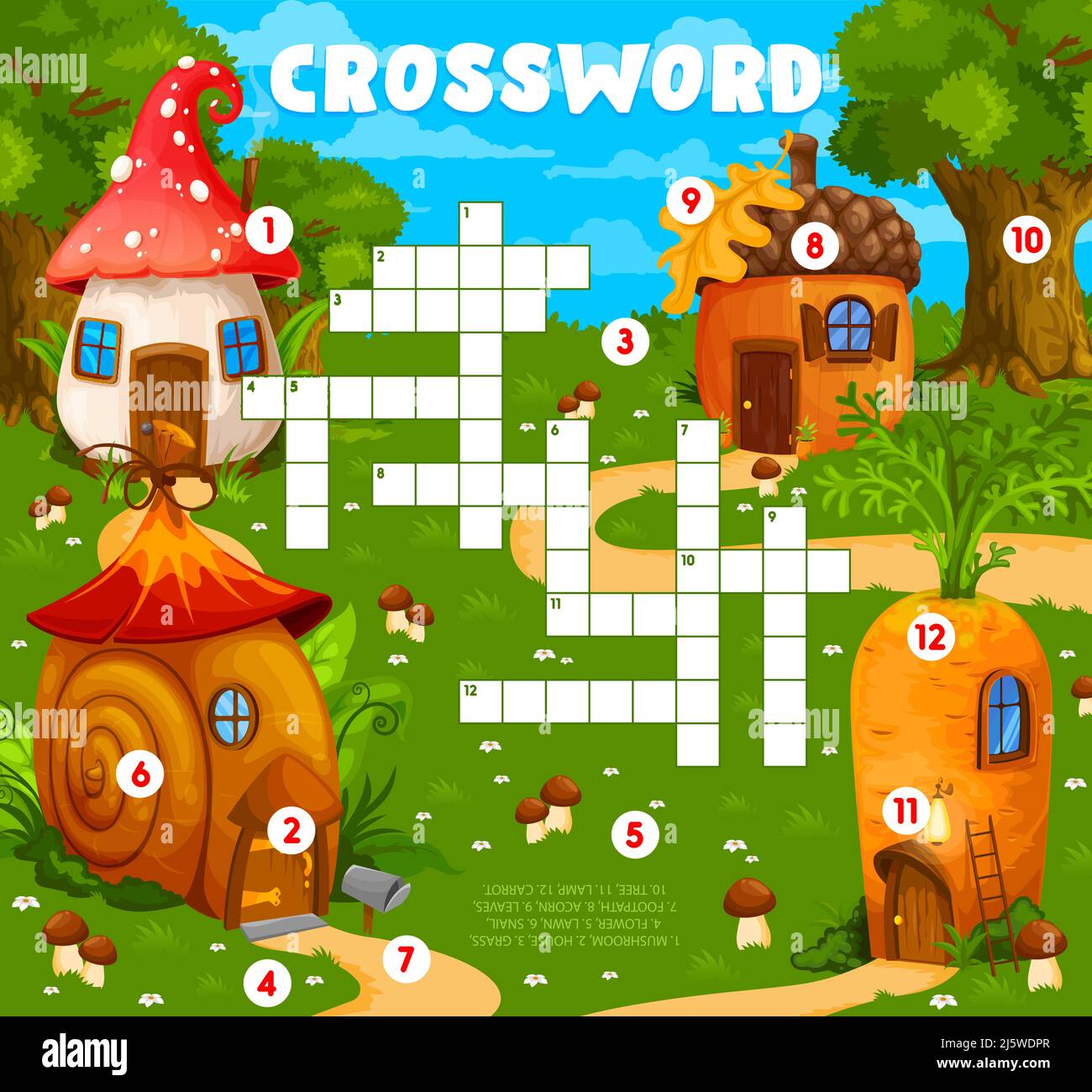Cartoon mushroom snail acorn and carrot fairytale houses crossword Cartoon mushroom snail acorn and carrot fairytale houses crossword
