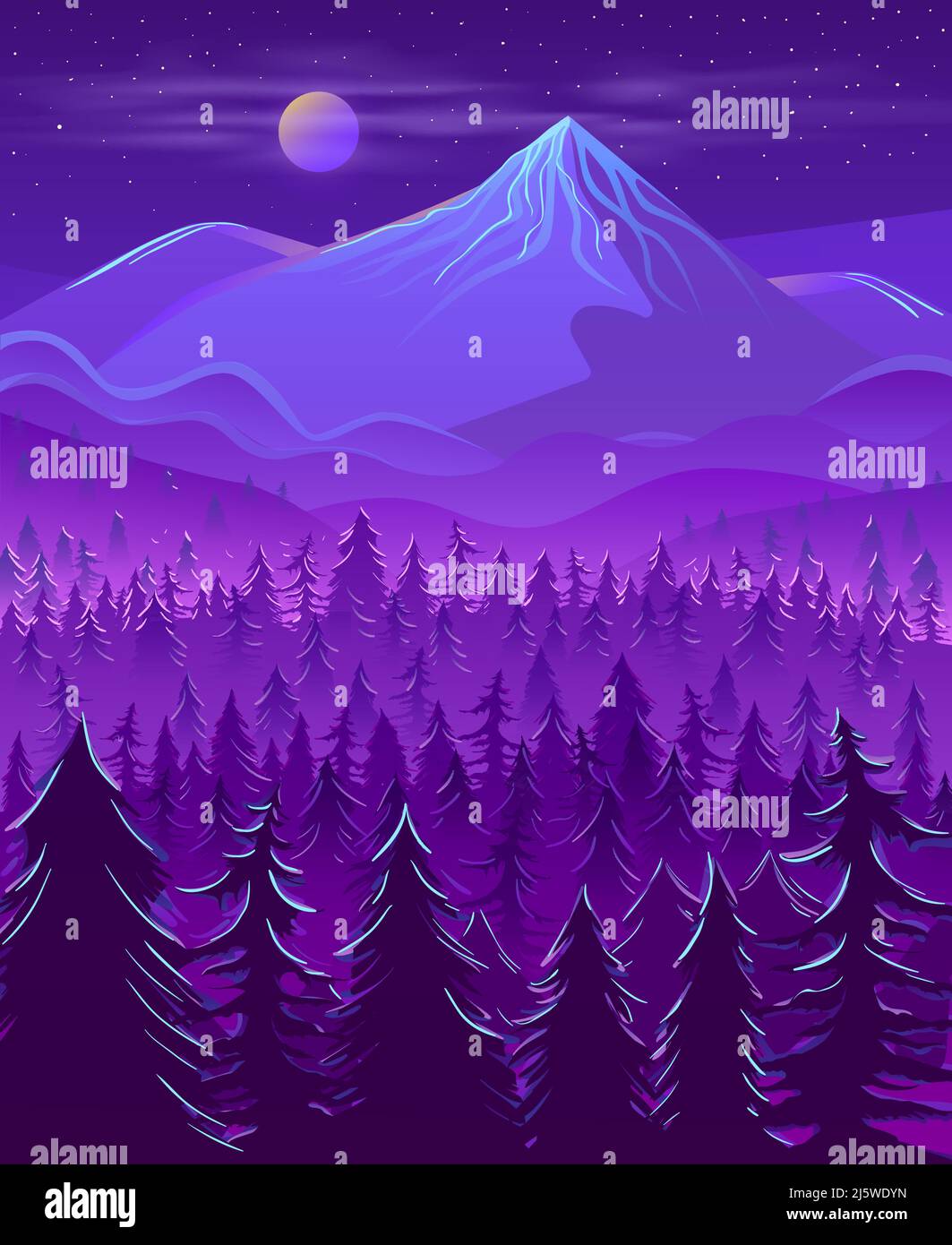 Cold and wild northern land night landscape cartoon vector in violet neon colors with full moon disk in mist under snow-cowered mountain peak or hill, Stock Vector