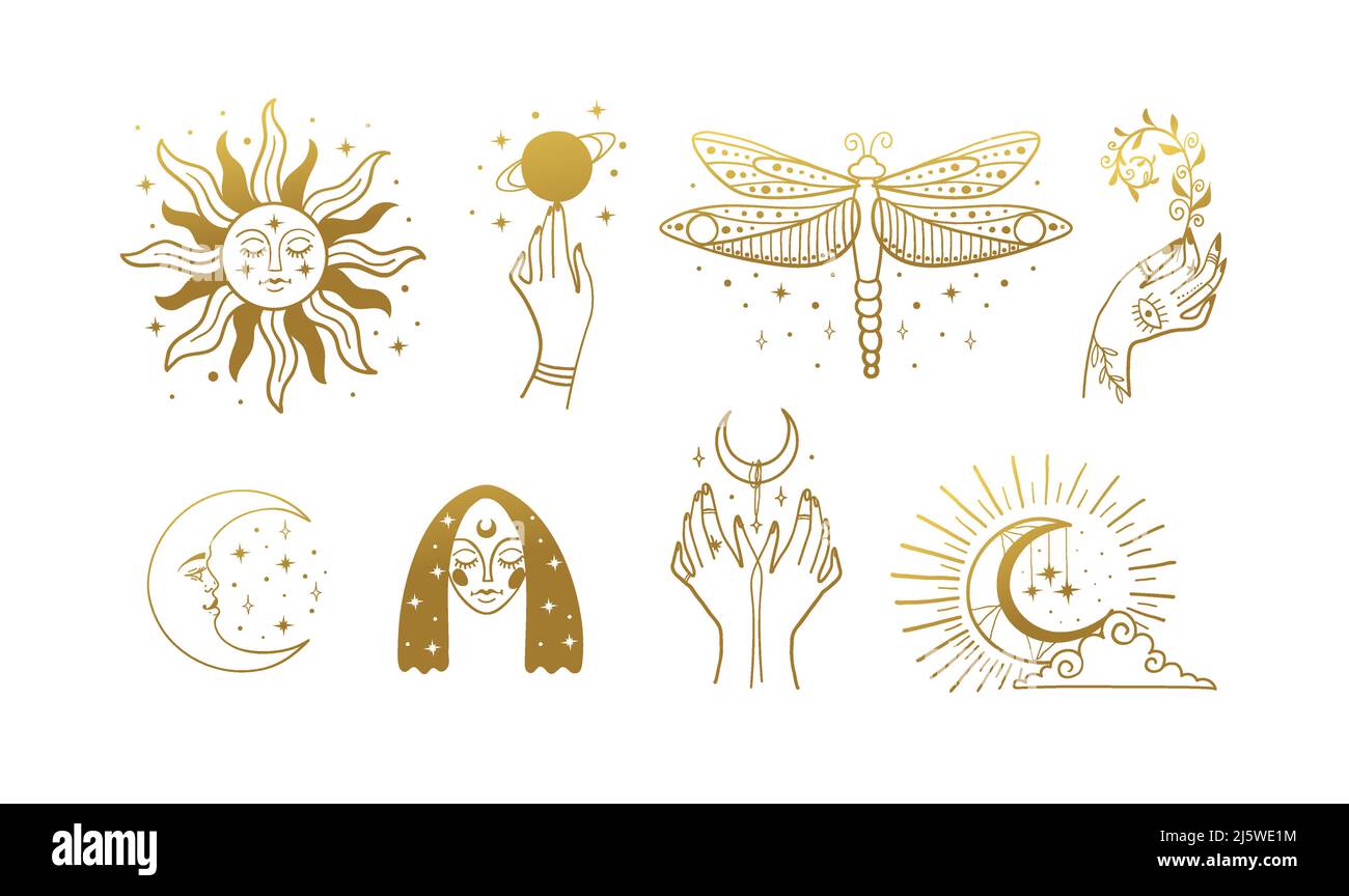 Bundle of boho logos in gold. Vintage esoteric elements for astrology, dragonfly, moon and sun, face, female hands. Vector line illustration isolated Stock Vector