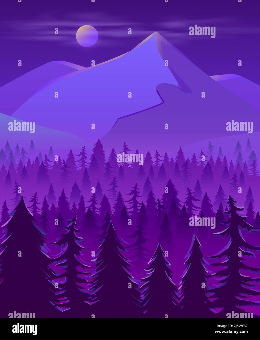 Cold and wild northern land night landscape cartoon vector in violet neon colors with full moon disk in mist under snow-cowered mountain peak or hill, Stock Vector