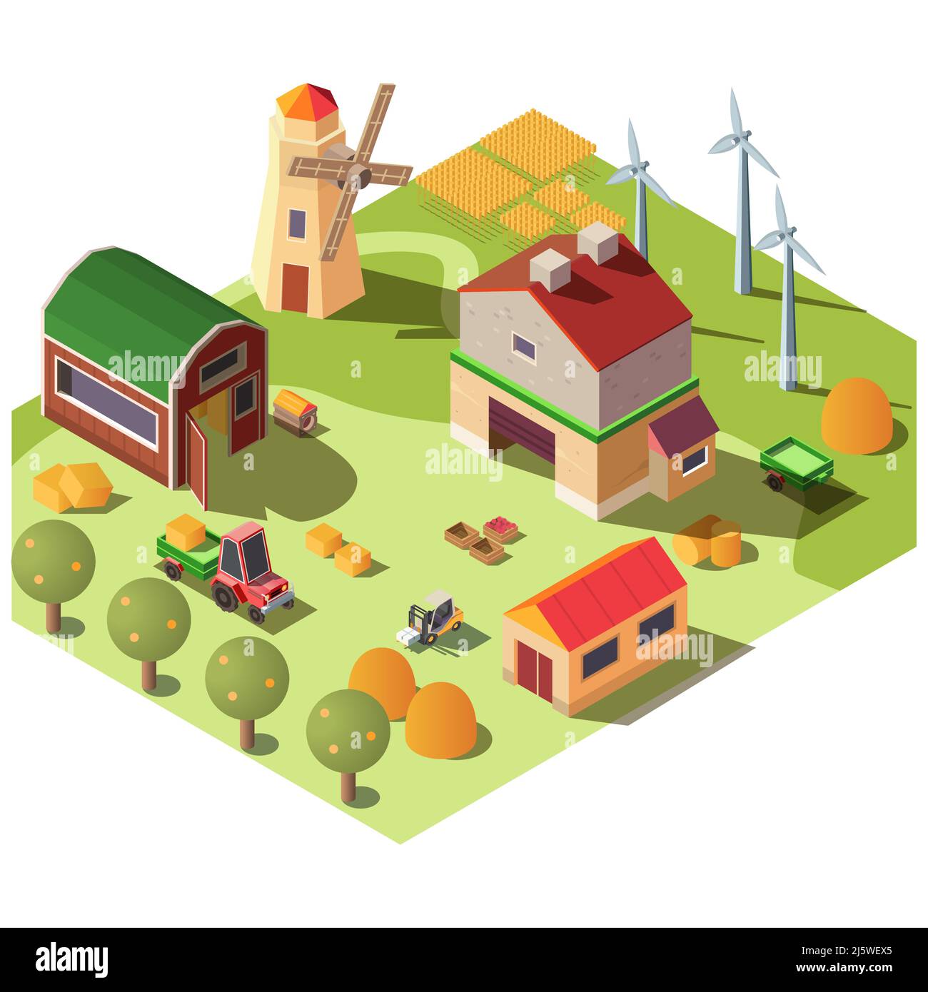 Farm or ranch yard with various outbuildings, garden, field, old windmill, modern wind turbines and forklift loading harvest products in tractor trail Stock Vector