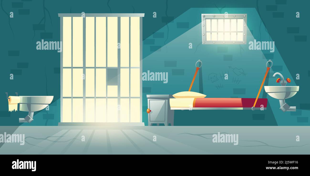 Dark prison cell interior cartoon vector with metal bars on window, bunk bed, toilet bowl, washbasin and scratched, cracked brick walls illustration. Stock Vector
