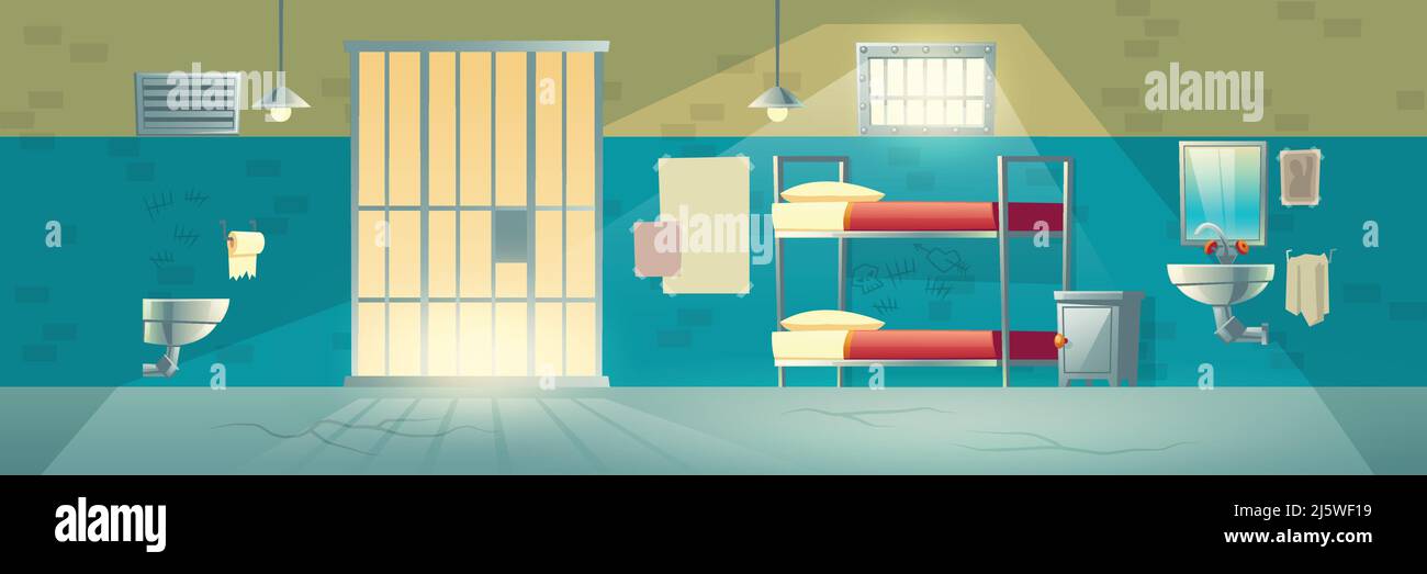Prison cell for criminals. Interior with cracked floor, scratched, brick wall, grid door, bunk beds, washbasin, toilet. Jail double room facility for Stock Vector