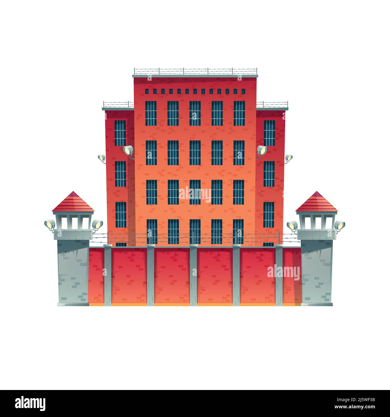 Modern prison, jail building with walls of red brick, bars on windows, guard observation towers on high fence with barbed wire and searchlights cartoo Stock Vector