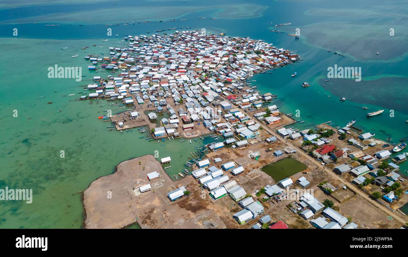 Aerial shot of Bungin island is the MOST POPULATED Island in the world after Earthquake 7.0 M Lombok Stock Photo