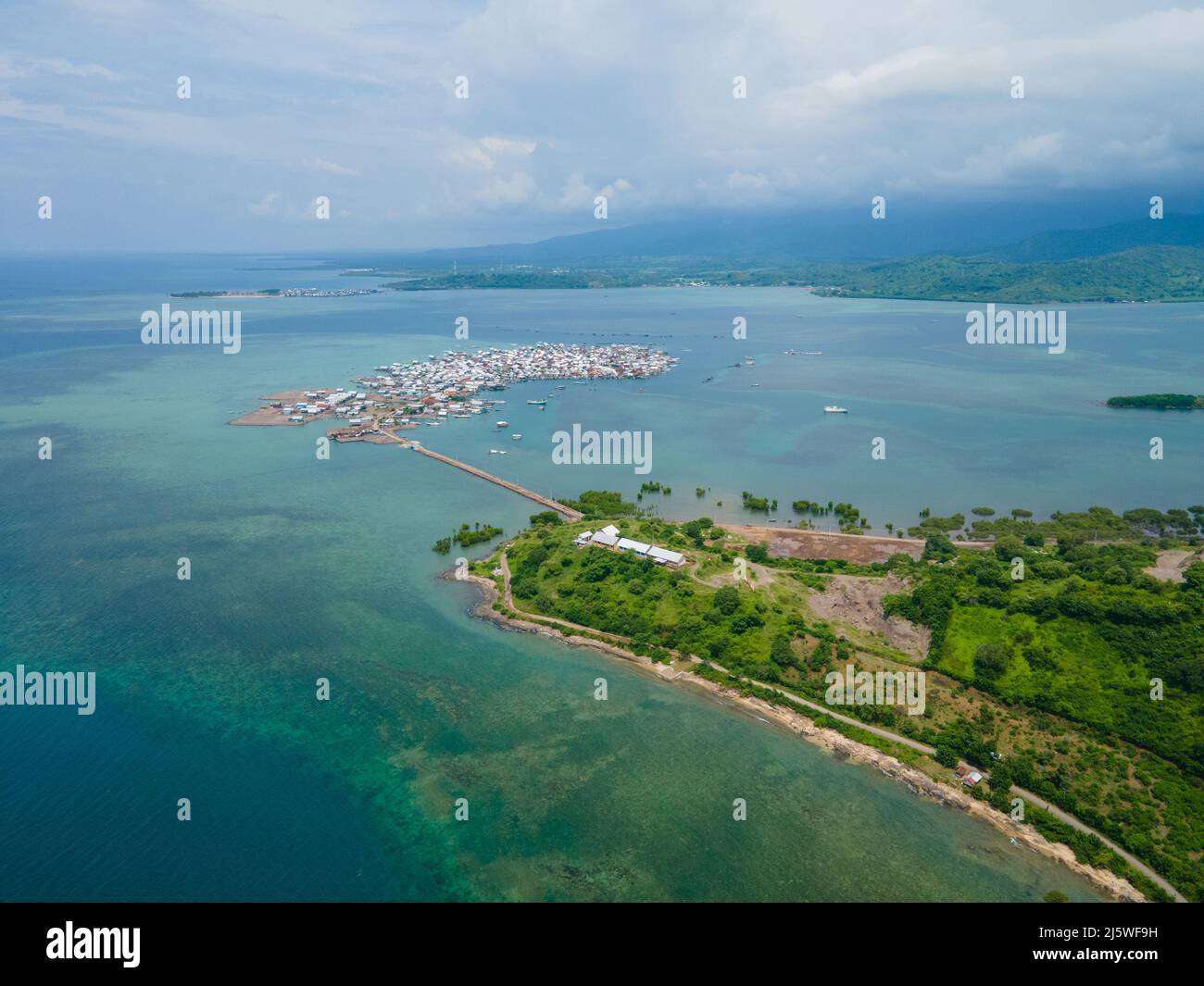 Aerial shot of Bungin island is the MOST POPULATED Island in the world after Earthquake 7.0 M Lombok Stock Photo