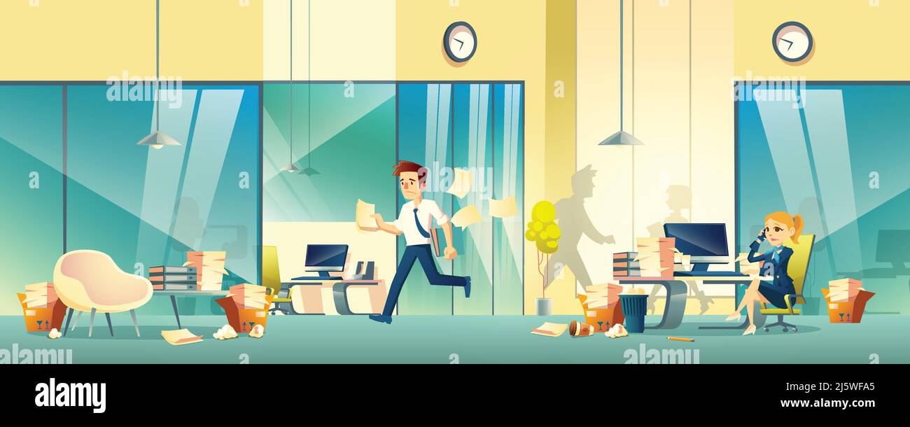 Chaos in company office cartoon vector with hurrying, busy business ...