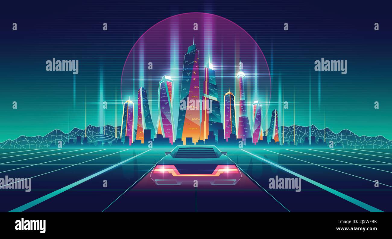 Future city digital simulation in virtual reality cartoon vector futuristic background. Racing car going on glossy surface with neon grid to metropoli Stock Vector