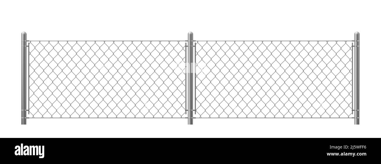 Wire fence isolated on white background. Two segments rabitz gate with rhombus cell, perimeter protection barrier construction separated with poles. m Stock Vector