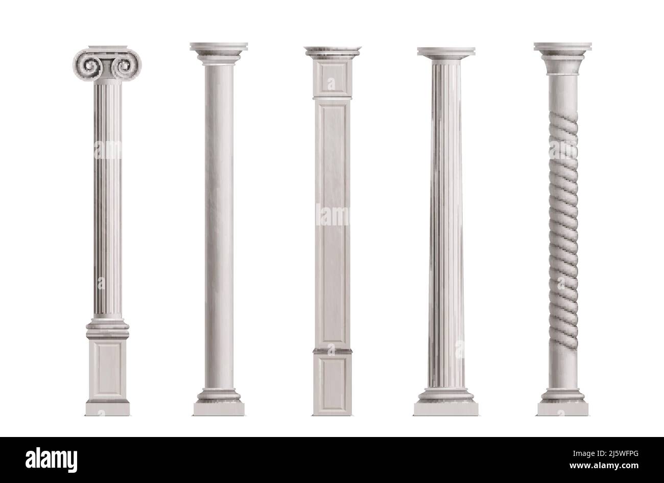 Cubic and cylindrical columns of white marble stone with smooth and textured surface 3d realistic vector illustrations set isolated on white backgroun Stock Vector
