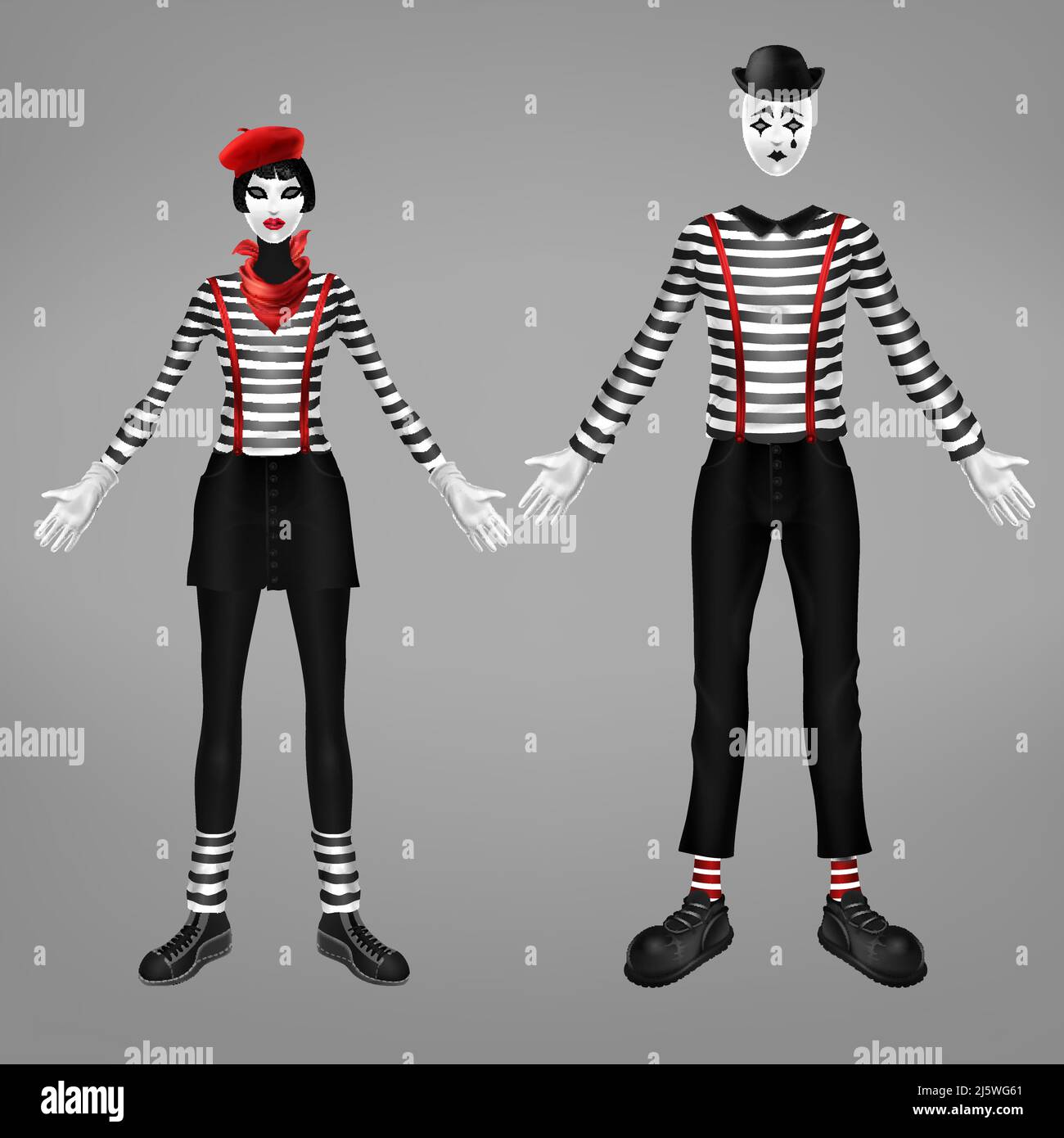 Woman and man mine costumes 3d realistic isolated vector. Female, male pantomime, theatrical comedy actor, street miming performer in striped turtlene Stock Vector