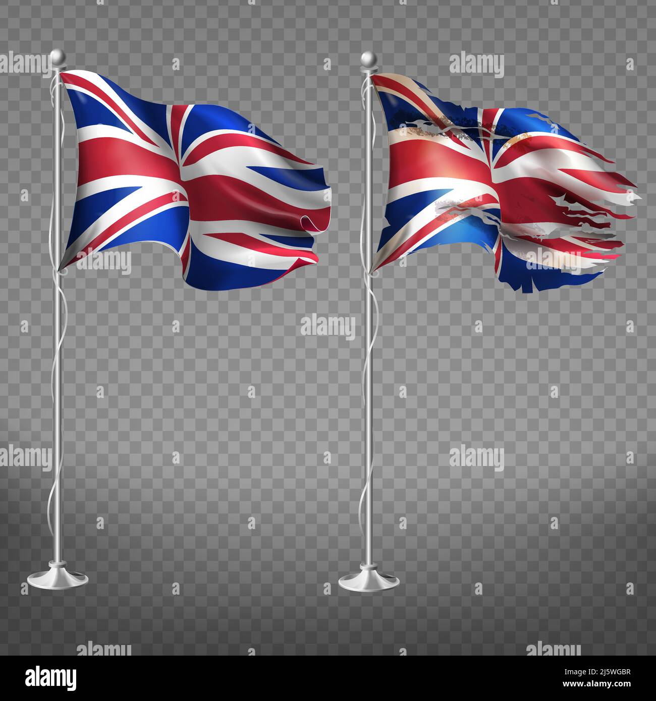 New and old, torn national flag of England fluttering in wind on metal flagpole 3d realistic vector illustration isolated on transparent background. U Stock Vector