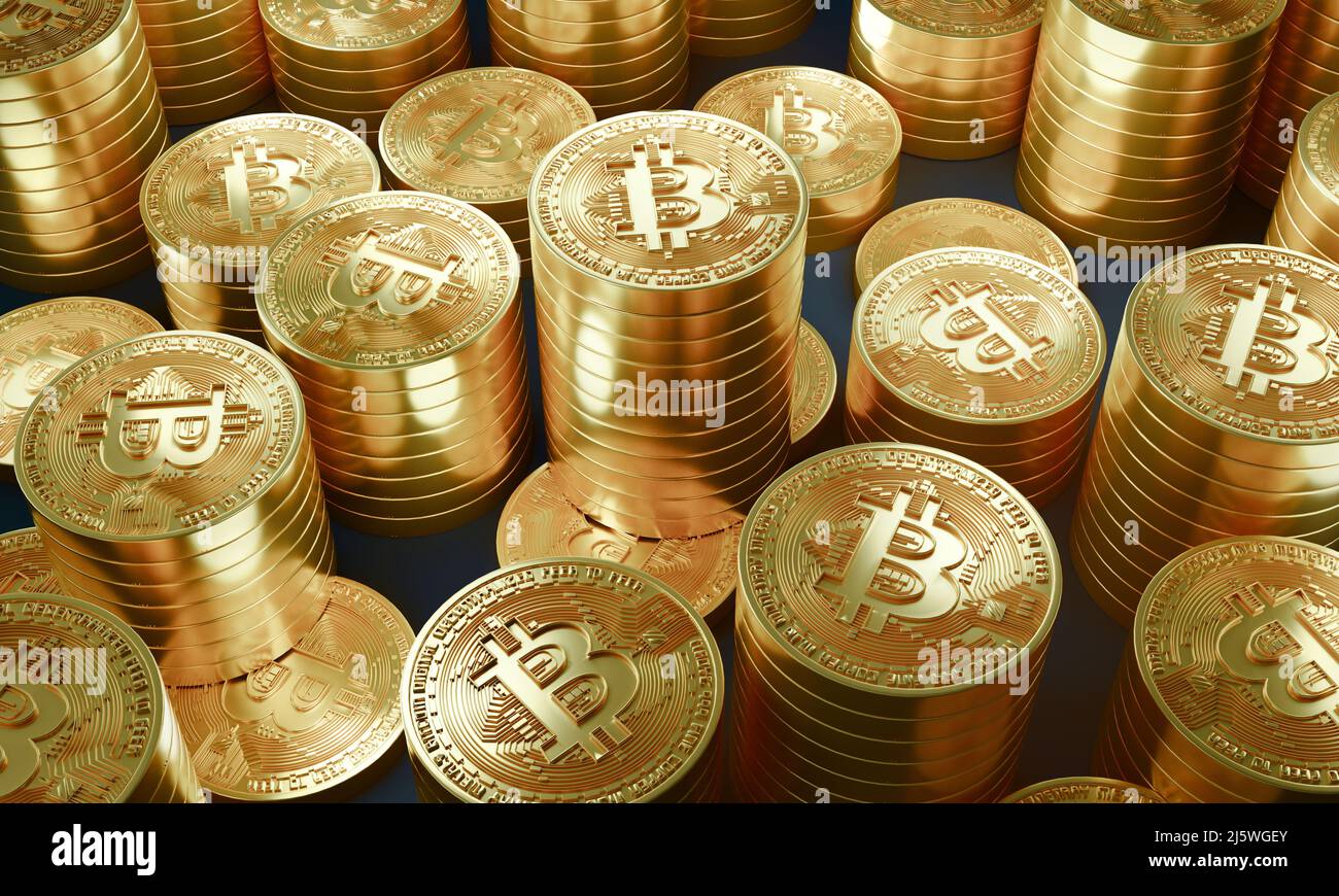 A lot of Bitcoin Crypto currency. Gold Bitcoin BTC Bit Coin. Close up shot of Bitcoin coins isolated on black background Blockchain technology Stock Photo