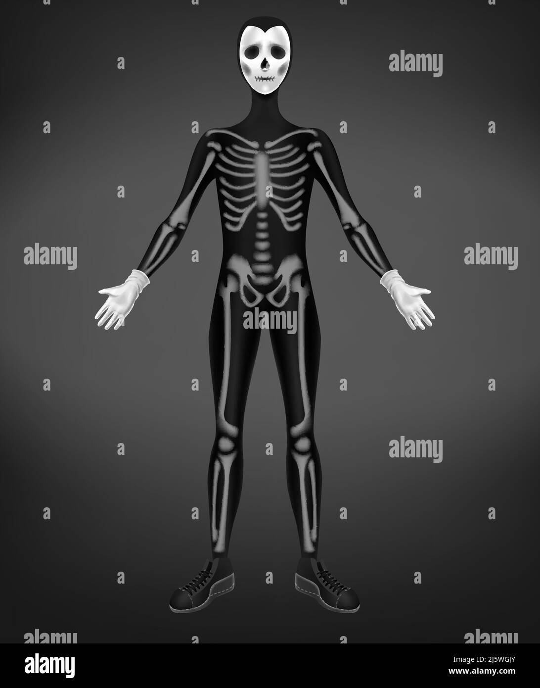 Skeleton or death costume for Halloween party isolated on black background. Character in skinny suit with human bones, and skull mask with empty eyes Stock Vector