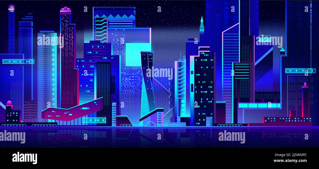 Night city in neon lights. Futuristic cityscape panoramic view ...