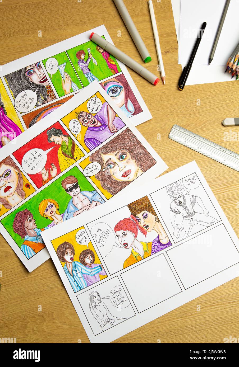 Comic book storyboard on paper. Design animation sketches. Stock Photo