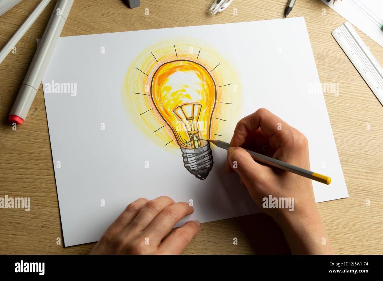 Bright idea concept. Lamp drawing. Strategy planning. Stock Photo