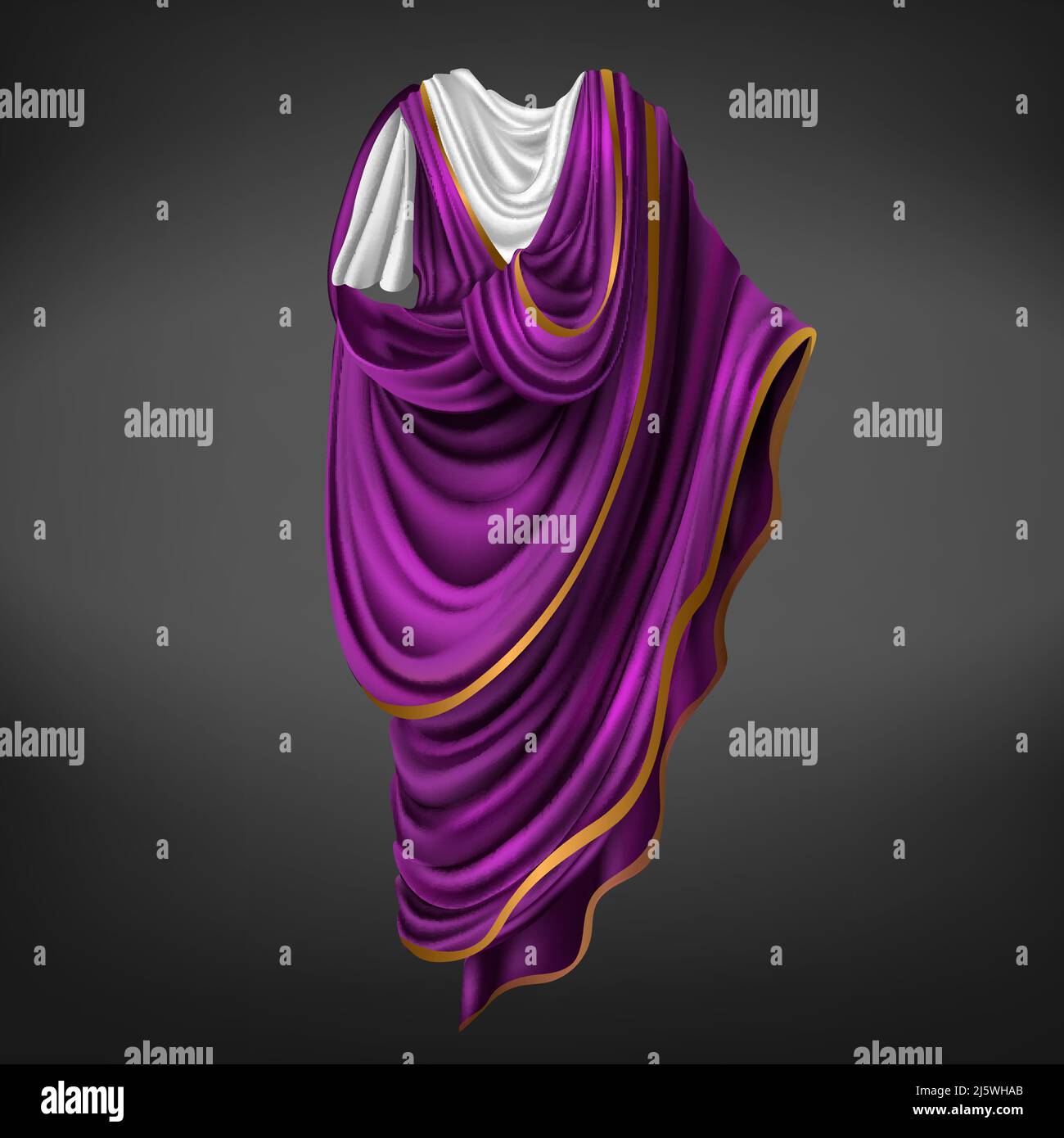 Roman toga. Ancient Rome commander or emperor dress male made of white, purple piece of fabric with golden border draped around body, folded gown, his Stock Vector