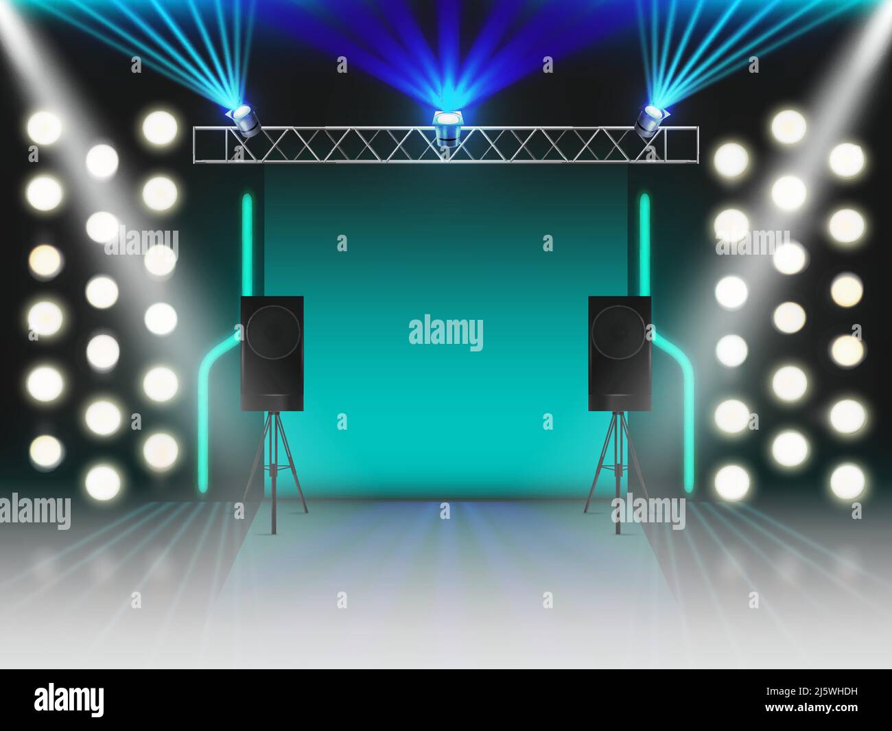 Stage with illumination and dynamics sound equipment. Empty scene with glowing studio light effects, spotlights, laser neon rays, steel rack for lamps Stock Vector