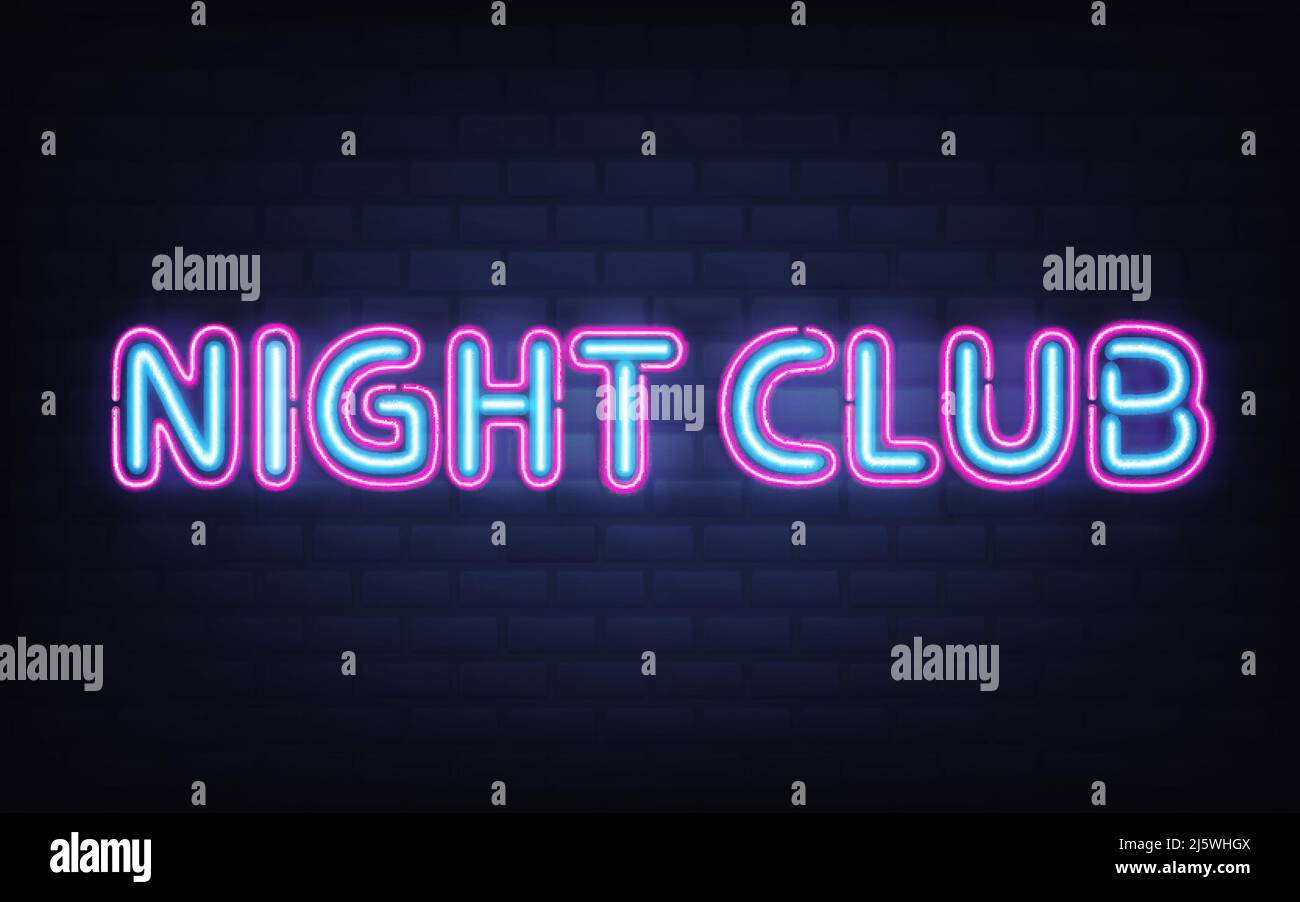 Night club neon lettering on dark brick wall background. Blue pink ...