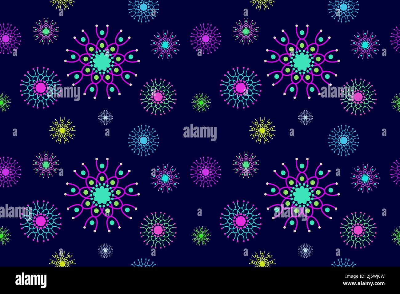 Colorful Seamless Concentric Flowers Pattern. Beautiful Viruses and Bacteria in Neon Color. Stock Vector
