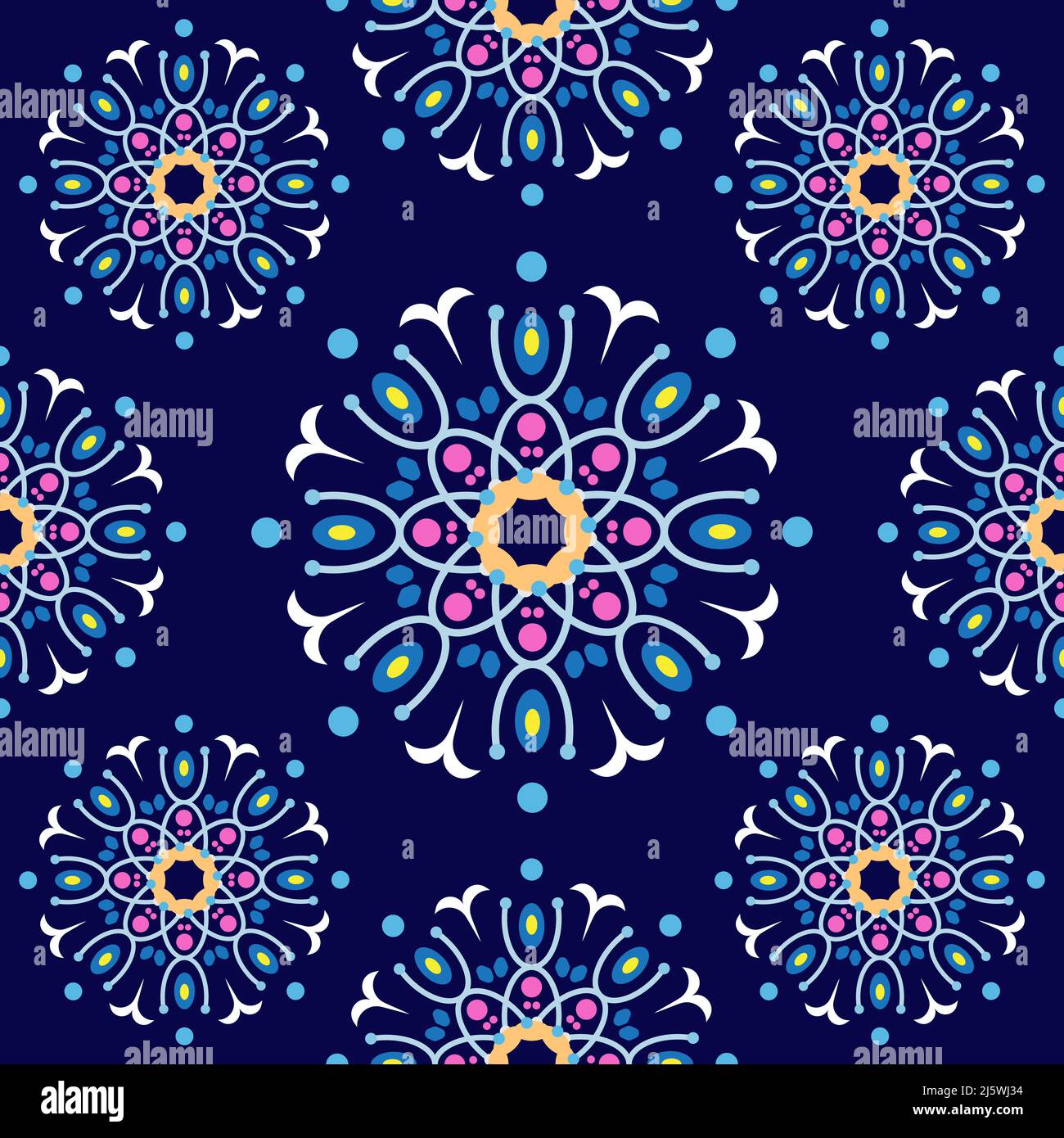 Beautiful seamless mandala flowers pattern. Stylish floral design template. Tileable retro ornament. Colorful, navy blue, pink, beige, yellow Stock Vector