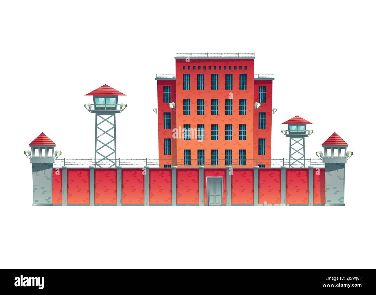 Prison, jail building fenced with guard observation posts on high fence with strained barbed wire and searchlights projectors on watchtowers cartoon v Stock Vector