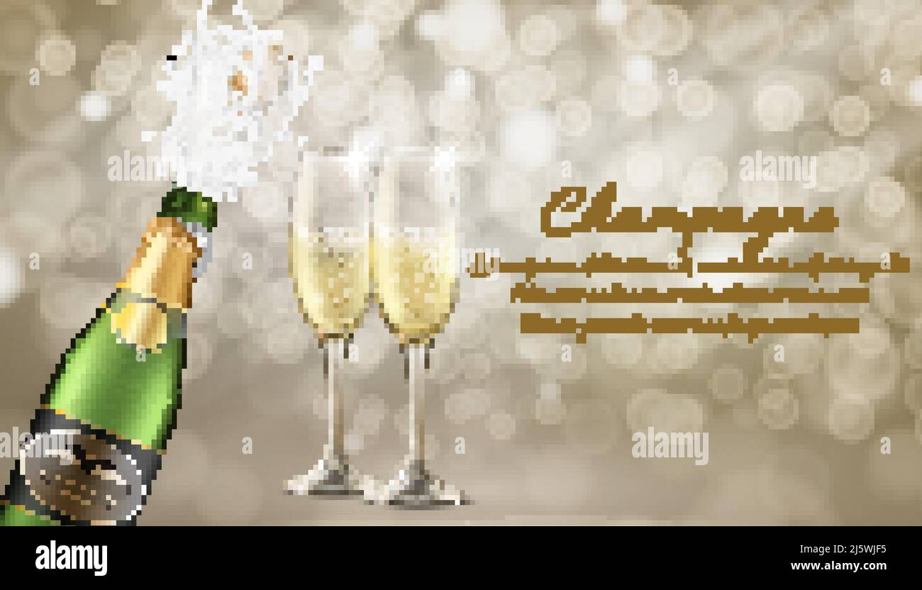 Elite champagne realistic vector advertising banner template. Champagne splashing from bottle with flying out cork, two wineglasses filled sparkling w Stock Vector