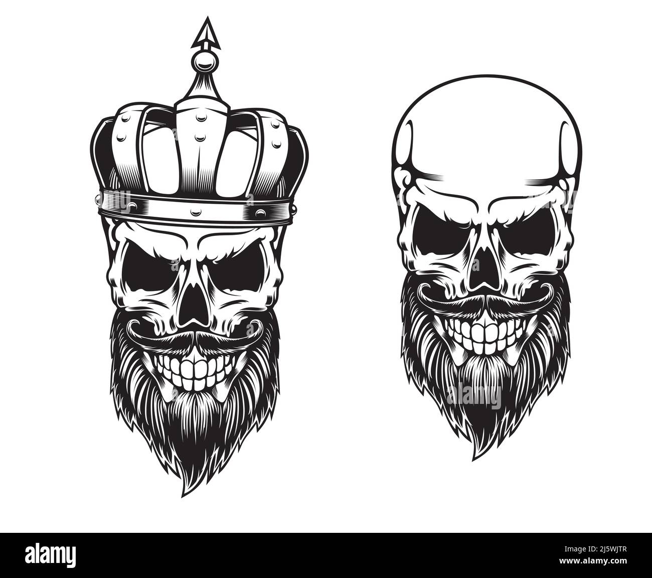 Bearded skull in crown, tattoo of vector dead king skeleton head with black beard and mustache, evil smile and medieval royal crown. Isolated monochrome crowned human skull t-shirt print or tattoo Stock Vector