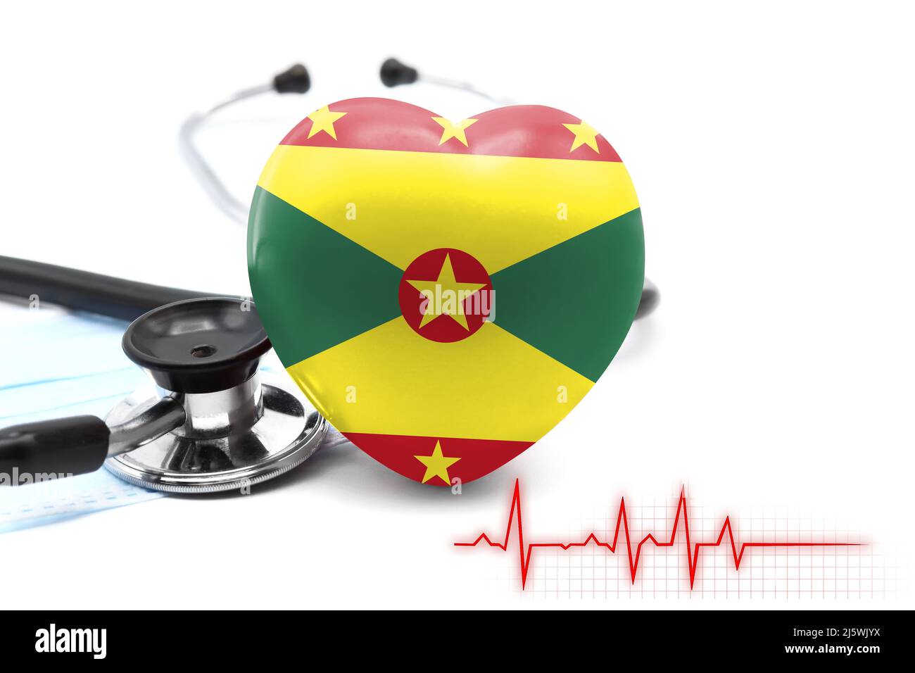 Flag of Grenada in the form of a heart next to a stethoscope, the concept of the world health system Stock Photo