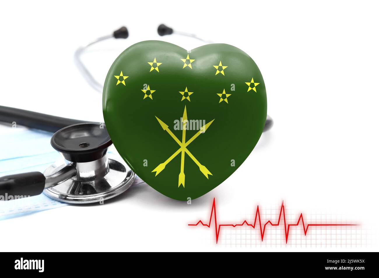 Flag of Adygea in the form of a heart next to a stethoscope, the concept of the world health system Stock Photo