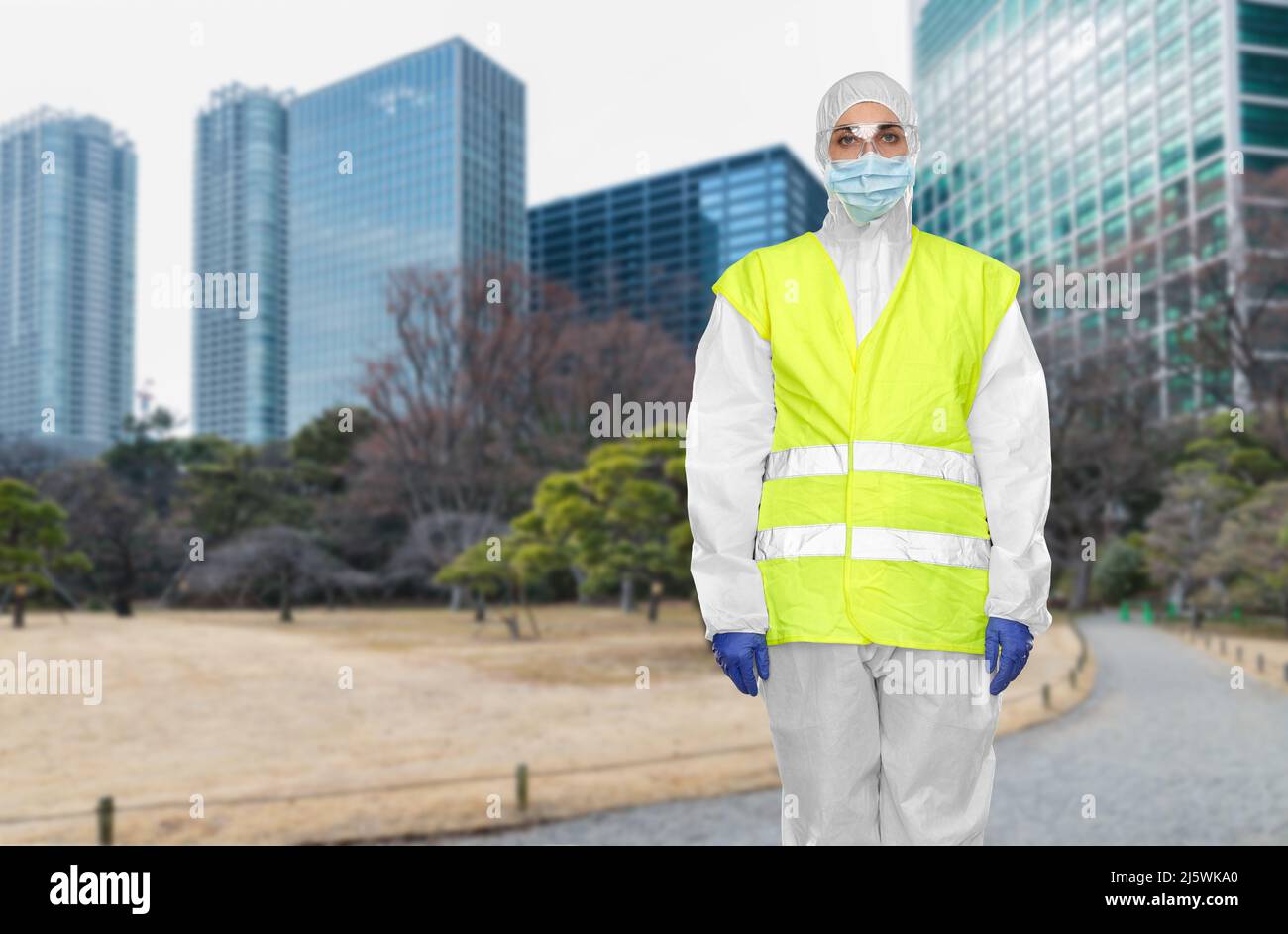 healthcare or sanitation worker in hazmat suit Stock Photo