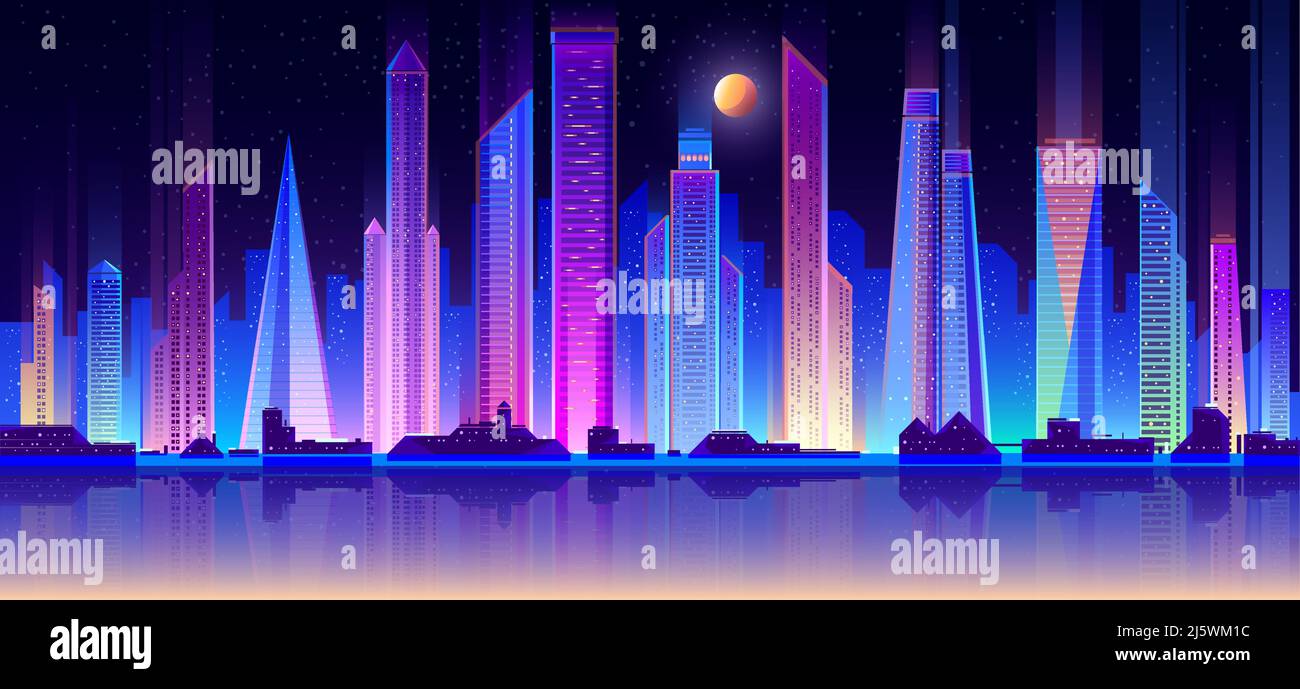 Modern night city skyline neon color flat vector with full moon in ...