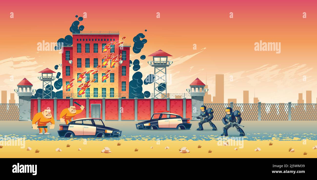 Prisoners rebellion or riot in city prison cartoon vector concept. Inmates escaping from jail, crushing police cars near burning prison building, arme Stock Vector