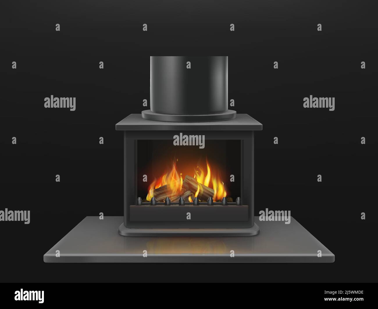 Modern fireplace with burning wooden logs, flame inside metallic firebox realistic vector object. House interior decoration design element, heating eq Stock Vector