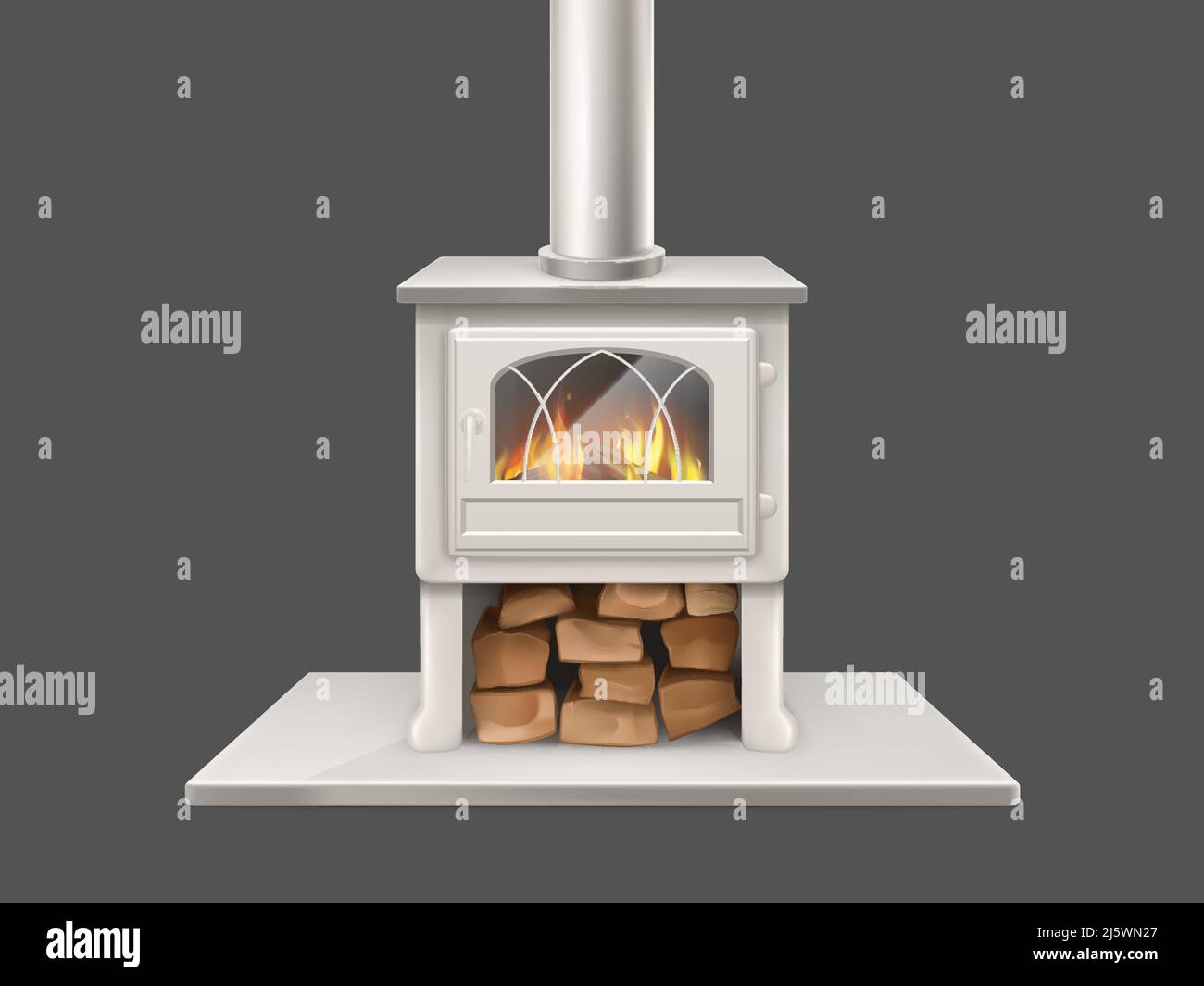 House fireplace with painted in white, metallic or marble stone firepit and chimney pipe, closed door with fireproof glass fire-box, flaming firewood Stock Vector