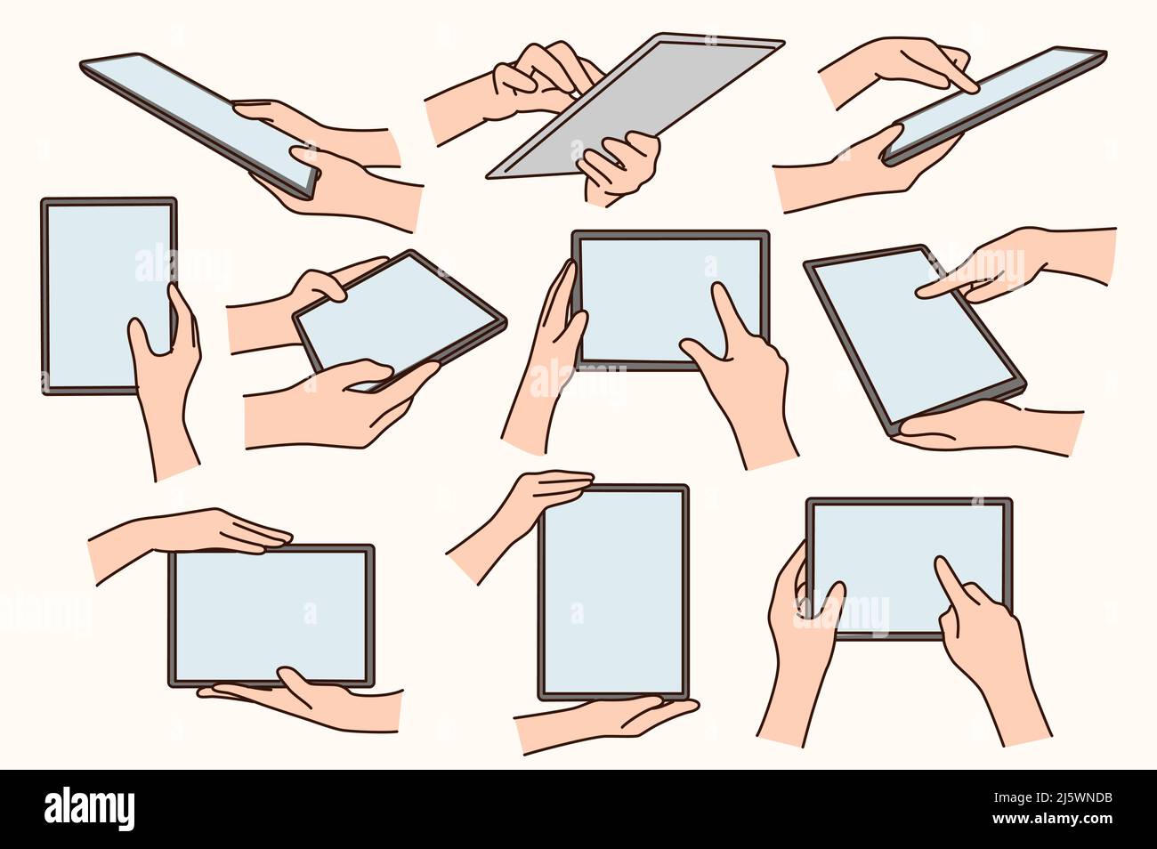 Collection of people hands hold modern tablet gadget browse internet ...