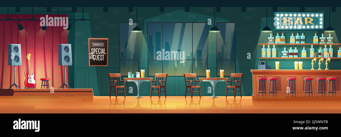 Bar or pub with live music cartoon vector interior. Stools near bar counter,  shelves with alcohol drinks, table and chairs for visitors, performance s  Stock Vector Image & Art - Alamy