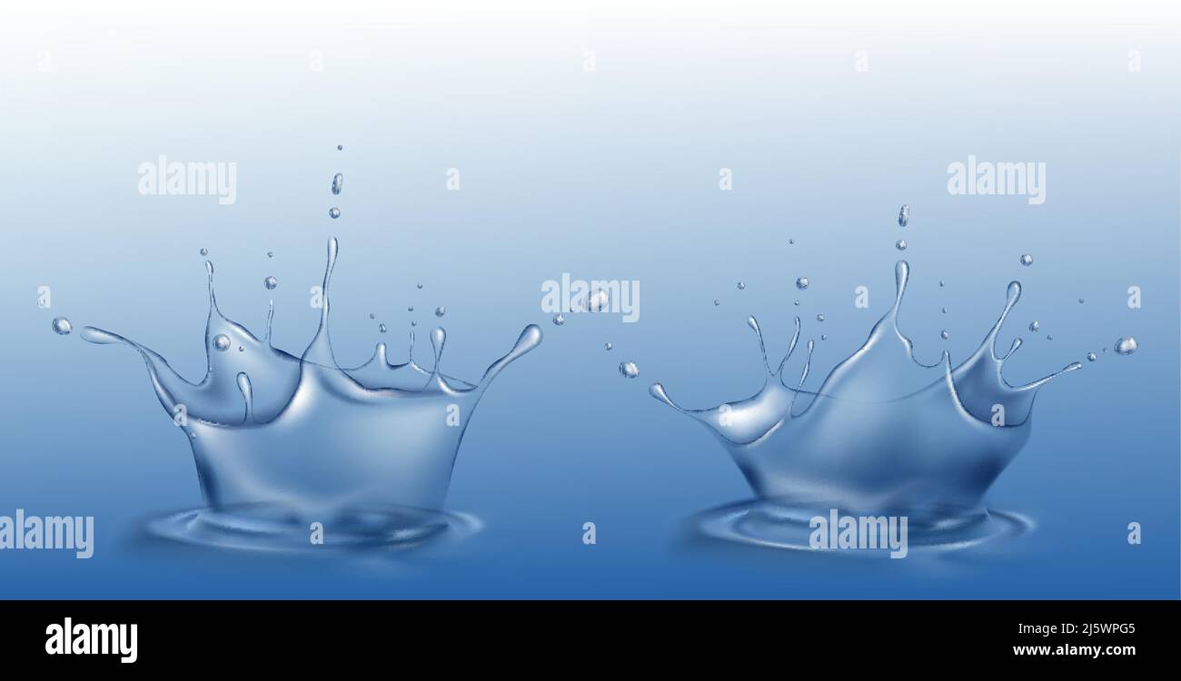 Water splash set in shape of crown with spray droplets and dispersing ...