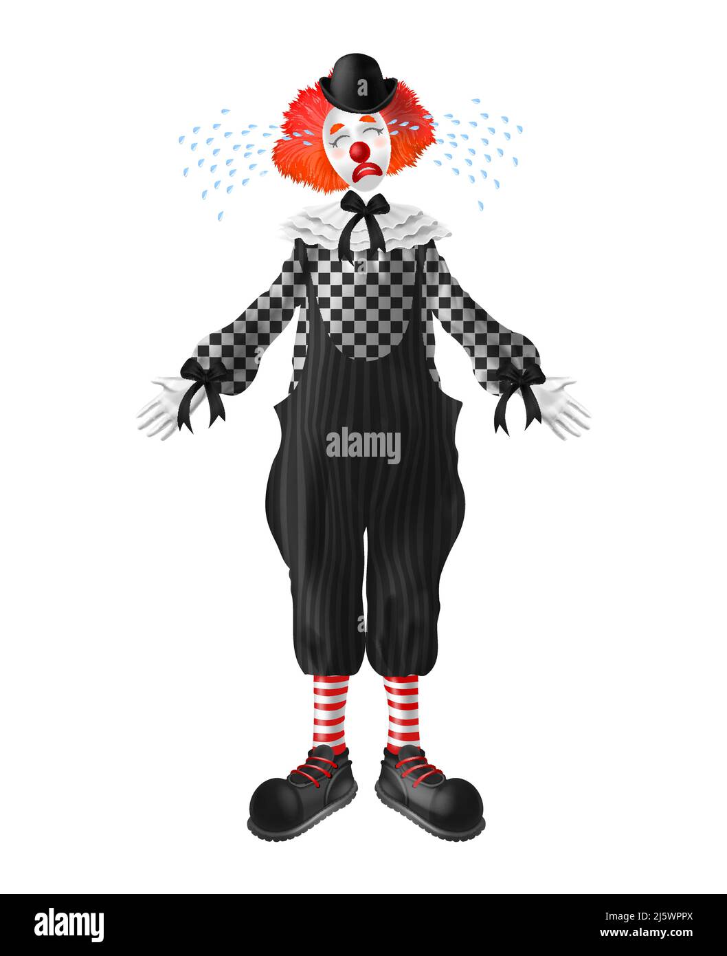 Crying red-hair clown with tears squirting from eyes, red nose and makeup on face, wearing bowler hat, checkered shirt, wide-leg pants and boots reali Stock Vector