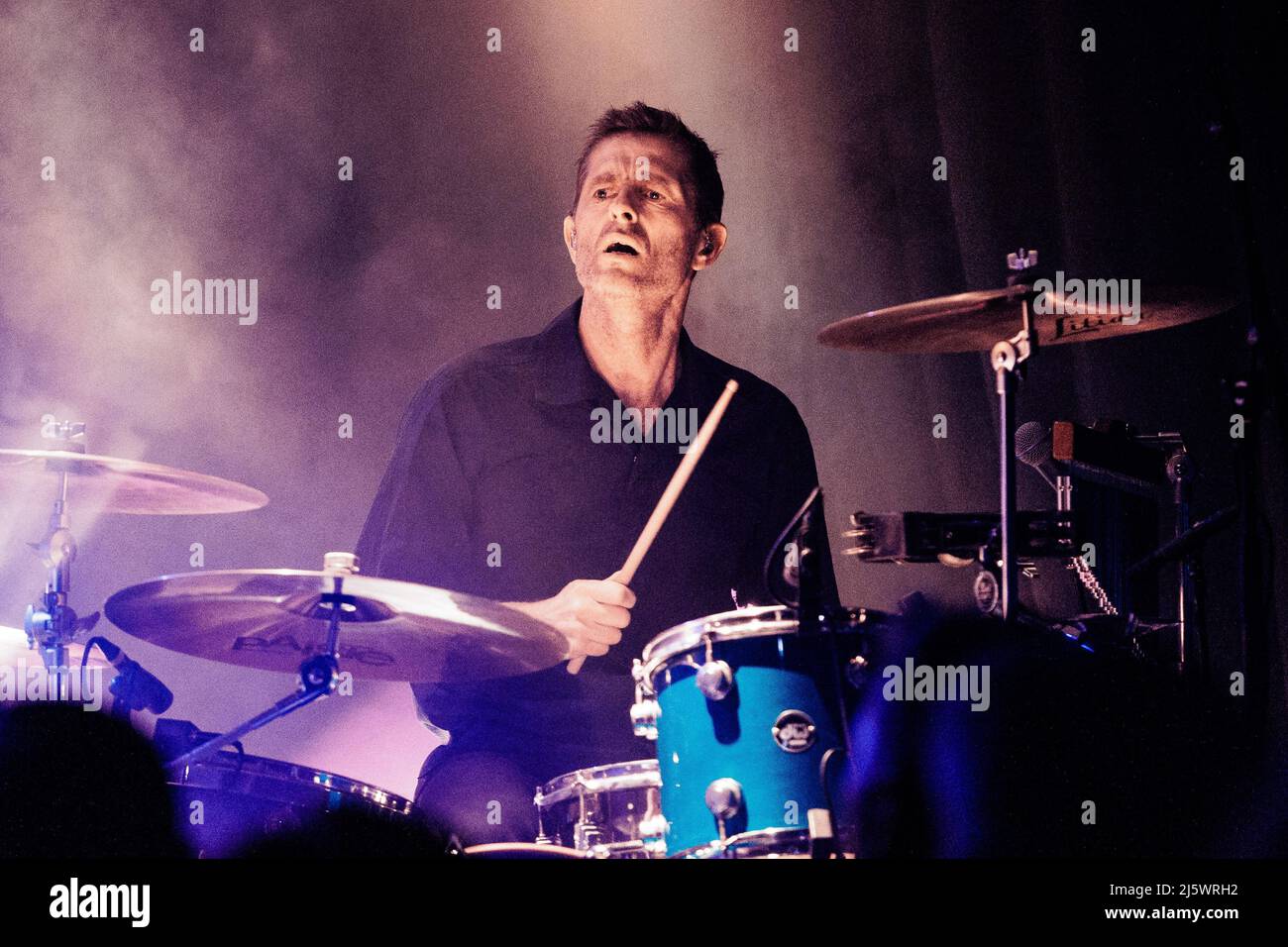 Roskilde, Denmark. 09th, April 2022. The Danish band Michael Learns to Rock performs a live concert at Gimle in Roskilde, Copenhagen. Here drummer Kaare Wanscher is seen live on stage. (Photo credit: Gonzales Photo - Thomas Rungstrom). Stock Photo