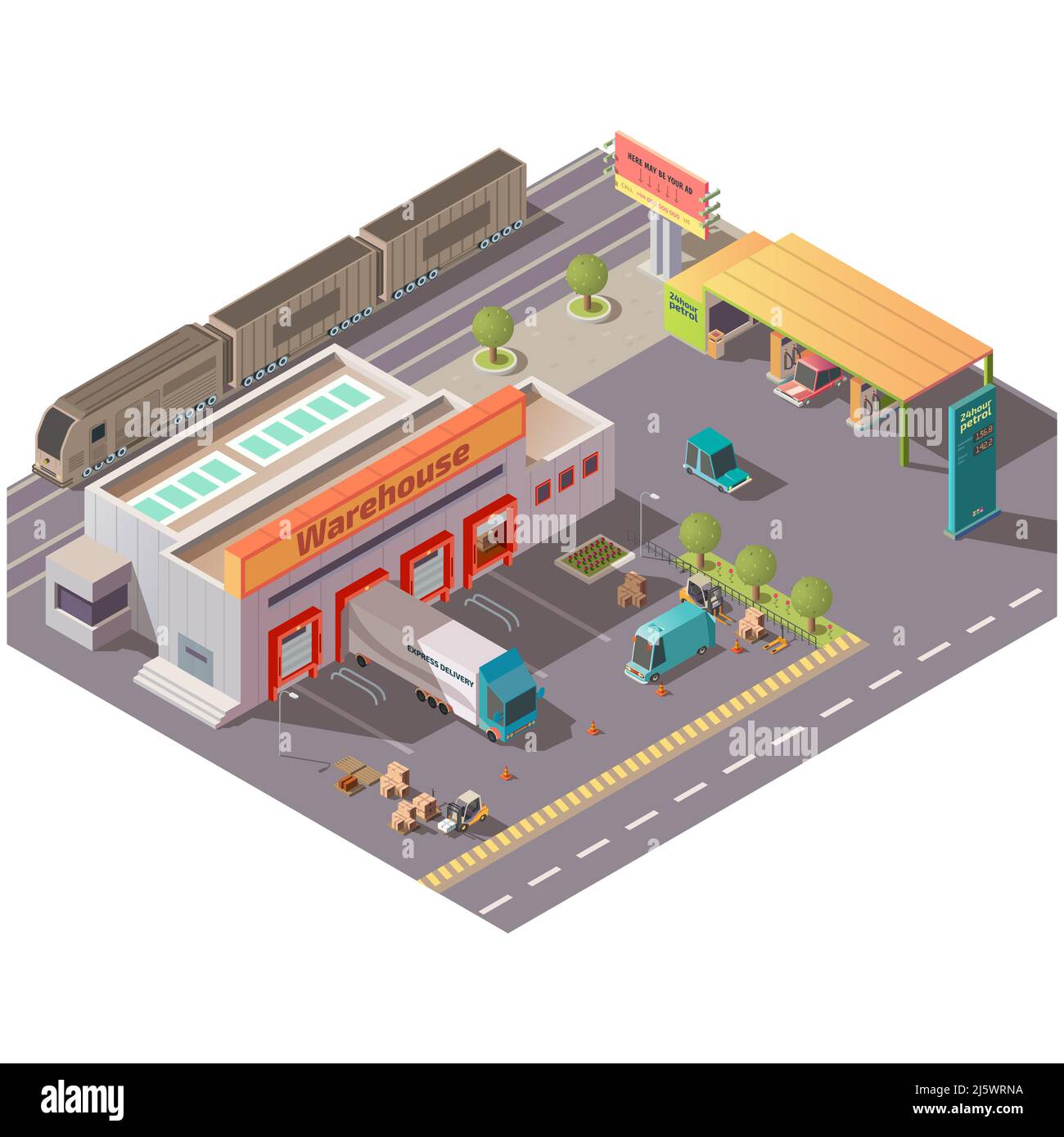 Isometric warehouse and petrol station, delivery company shipping service, logistics center with cargo trucks loading goods at parking gates, filling Stock Vector