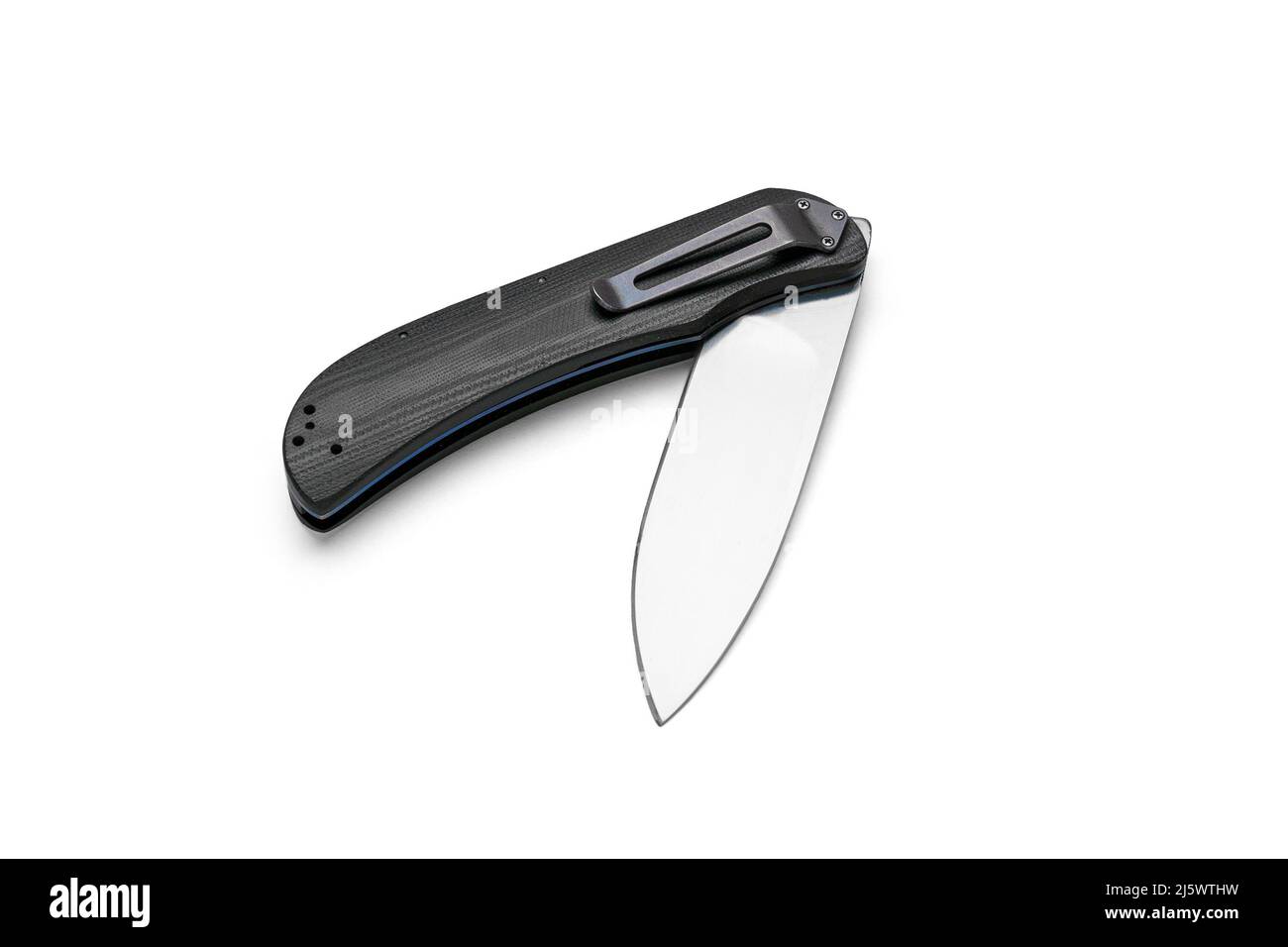 Folding knife with black handle and blue titanium liner lock. Stock Photo