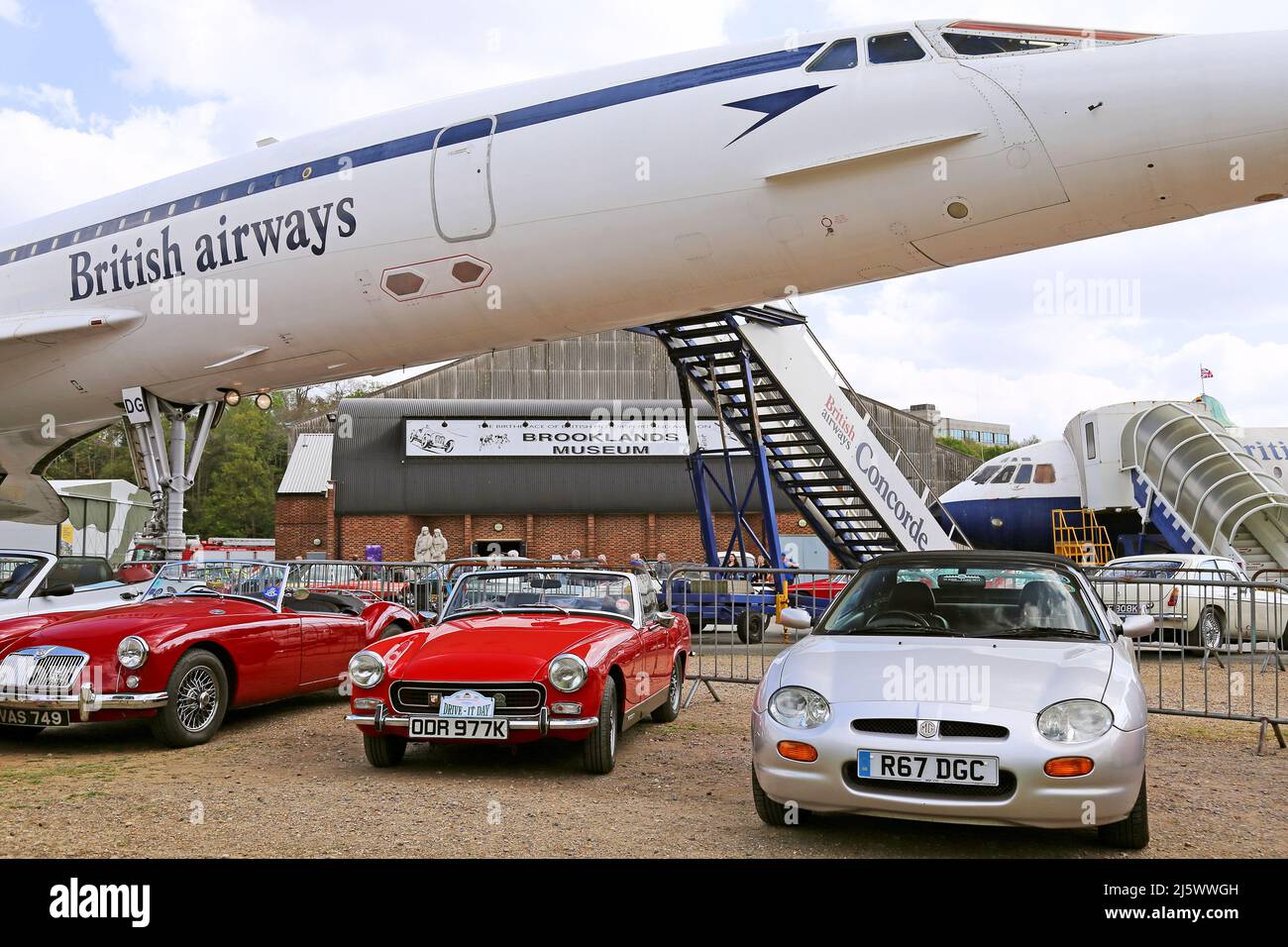 MGs under Concorde, British Marques Day, 24 April 2022, Brooklands Museum, Weybridge, Surrey, England, Great Britain, UK, Europe Stock Photo