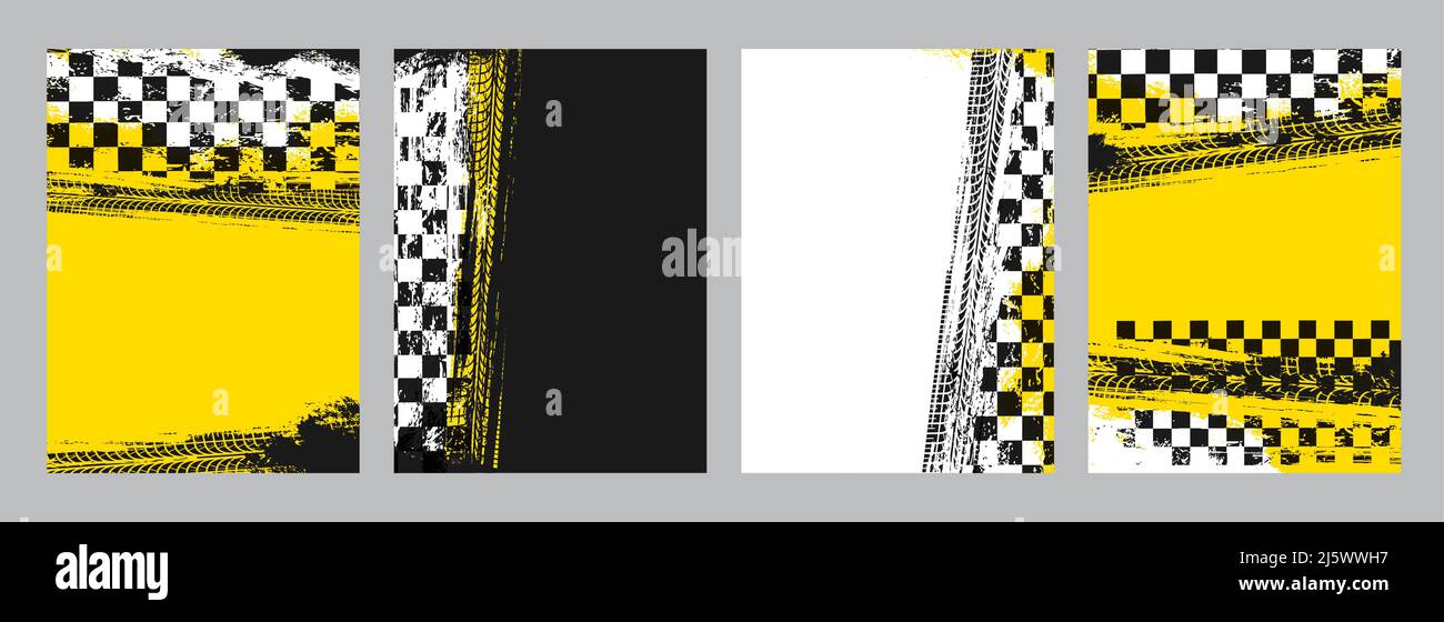 Rally racing sport grunge background, vector checkered flag and tire tracks road race pattern. Racing car or speed auto wheel tyre tread dirty marks or tracks with start or finish racing flags Stock Vector