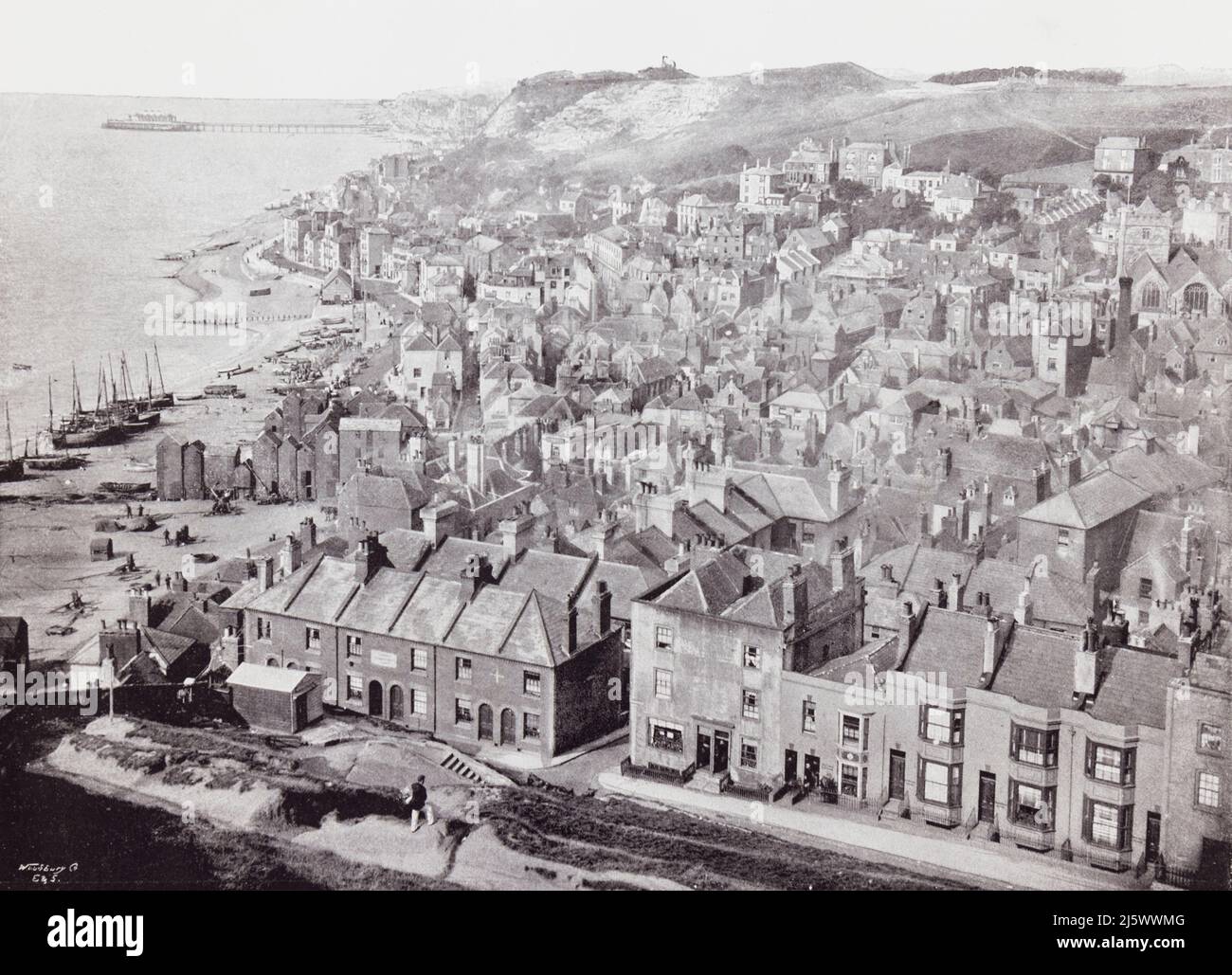 Hastings, East Sussex, England, seen from the East Hill in the 19th century.  From Around The Coast,  An Album of Pictures from Photographs of the Chief Seaside Places of Interest in Great Britain and Ireland published London, 1895, by George Newnes Limited. Stock Photo
