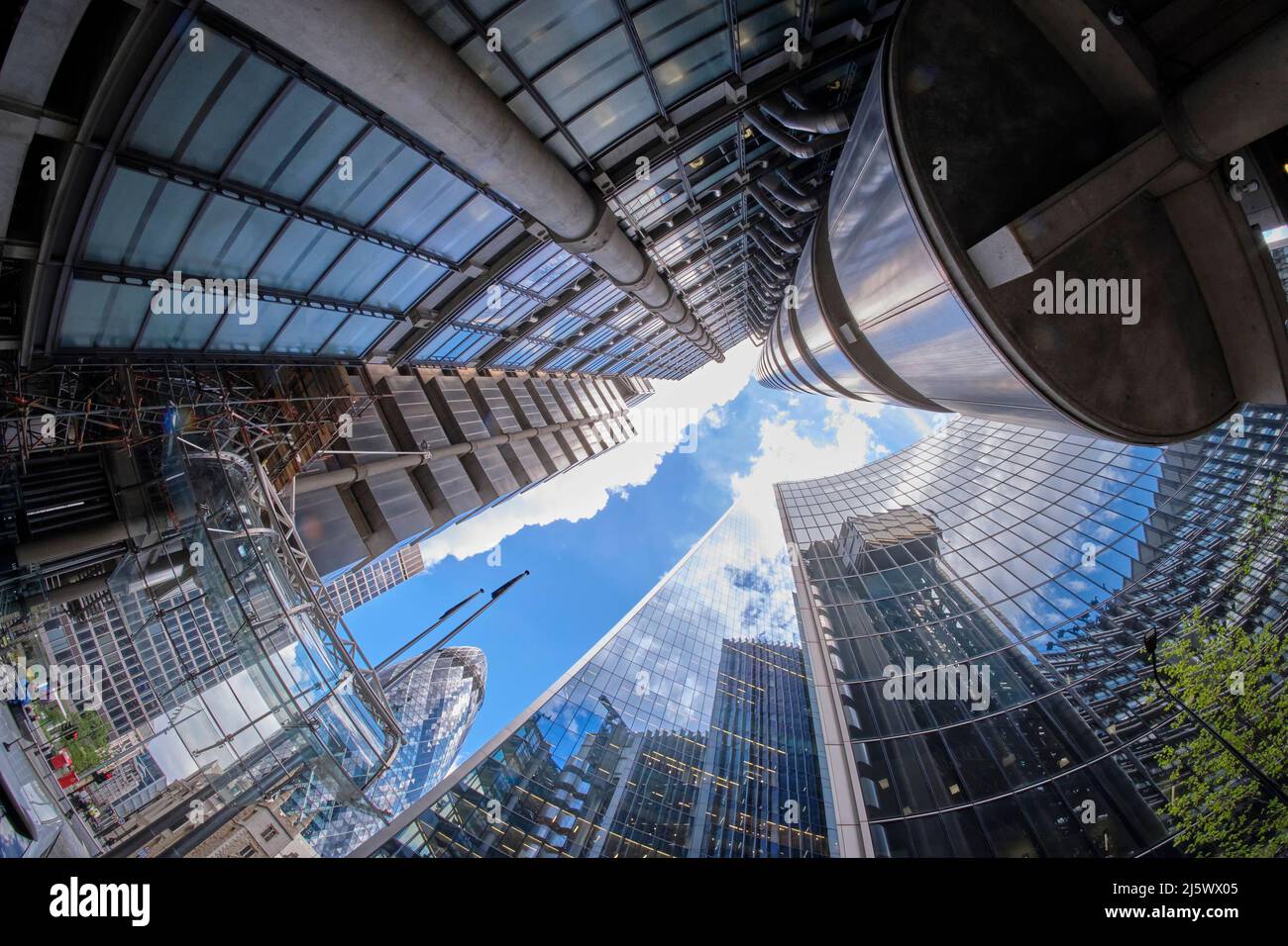 The City of London Worm's Eye View with Lloyd's and The Gherkin Stock Photo