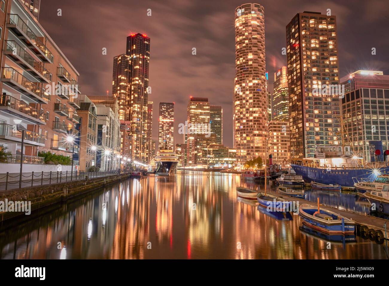 Canary Wharf South Dock at night, London Stock Photo - Alamy