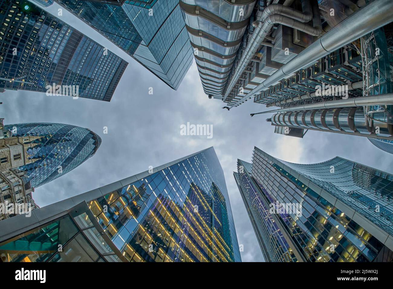 London Financial District, The City of London Worm's Eye View with Lloyd's and The Gherkin Stock Photo